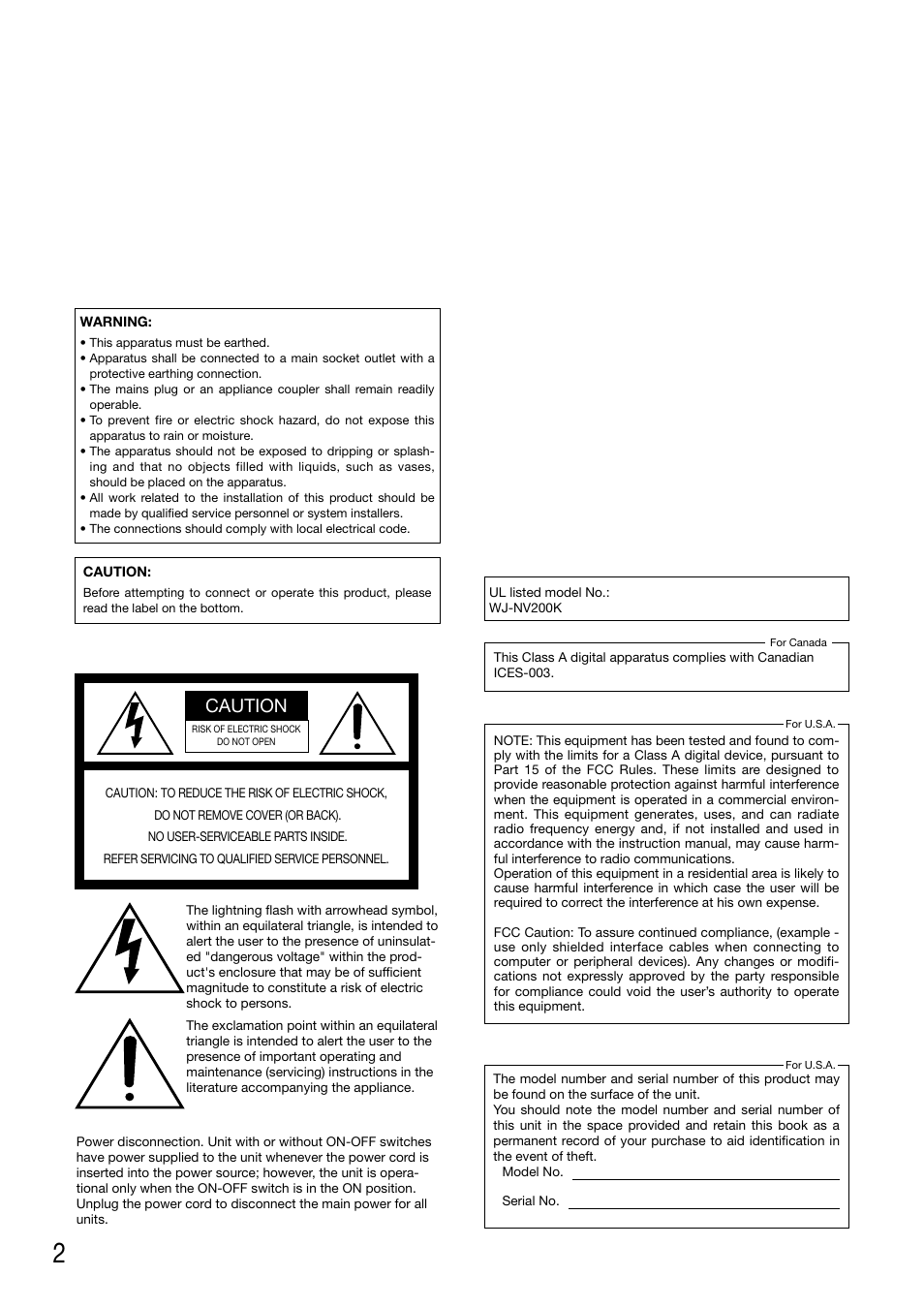 Caution | Panasonic WJ-NV200 - User Manual | Page 2 / 94