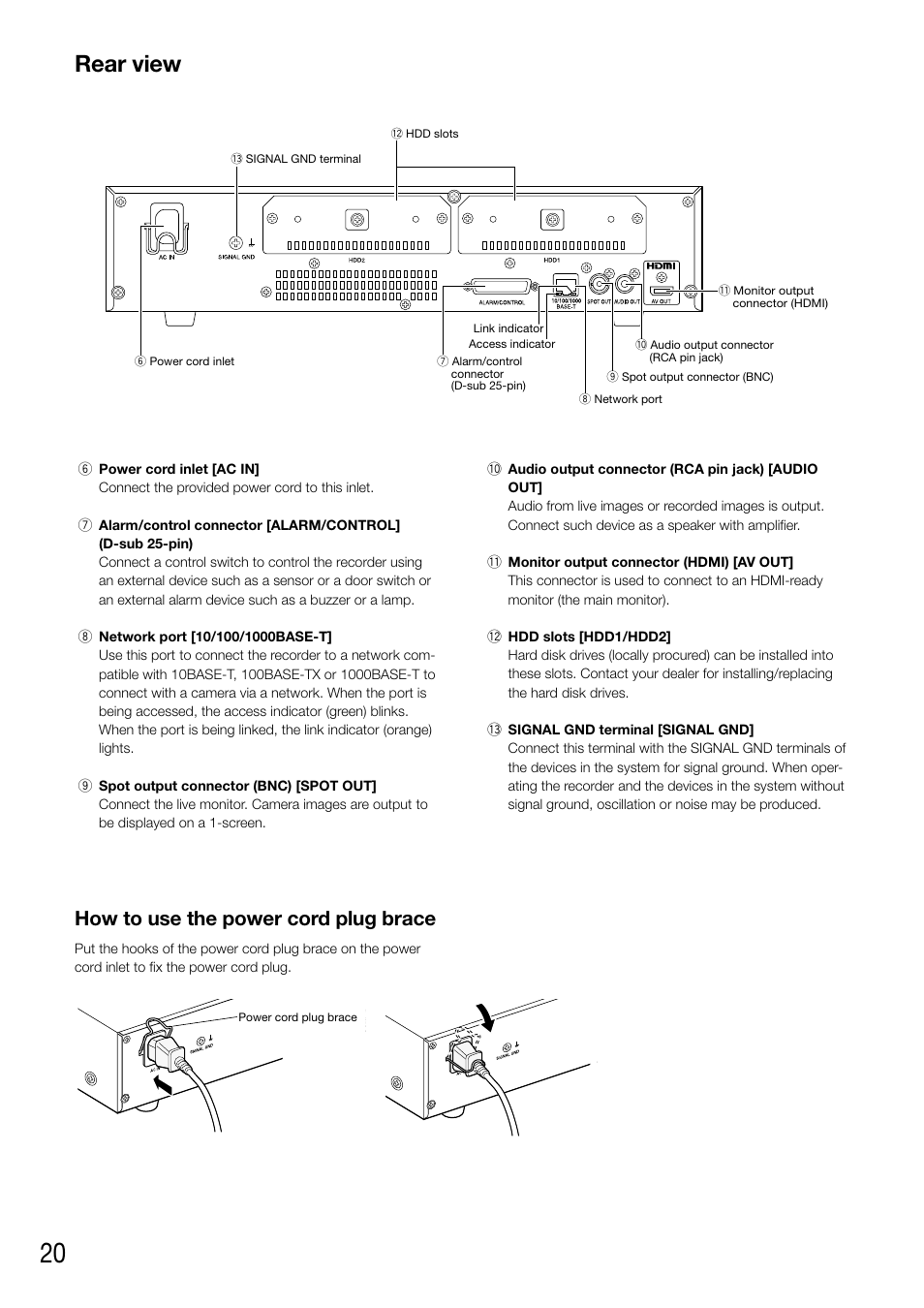 Rear view, How to use the power cord plug brace | Panasonic WJ-NV200 - User Manual | Page 20 / 94