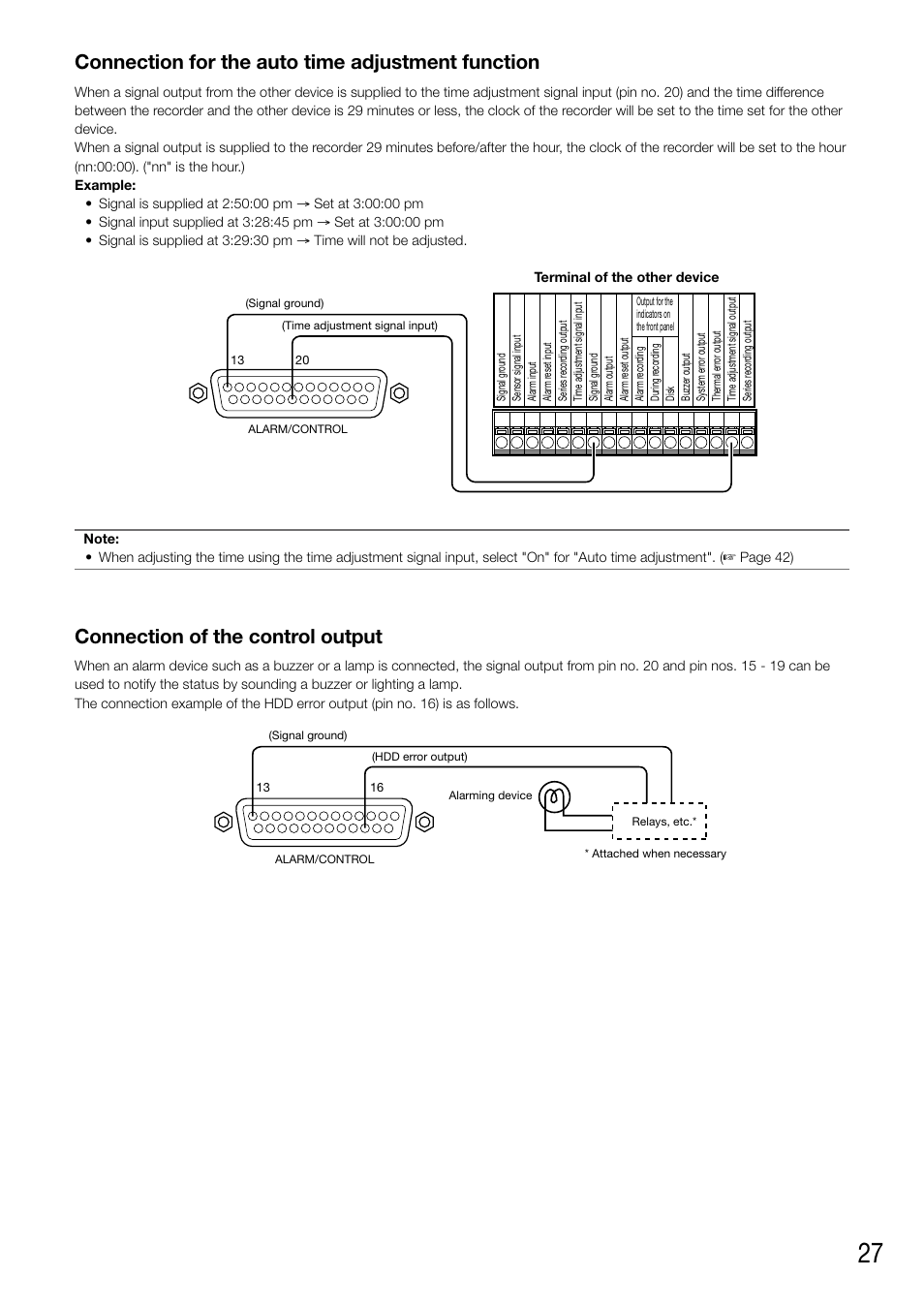 Connection for the auto time adjustment function, Connection of the control output | Panasonic WJ-NV200 - User Manual | Page 27 / 94