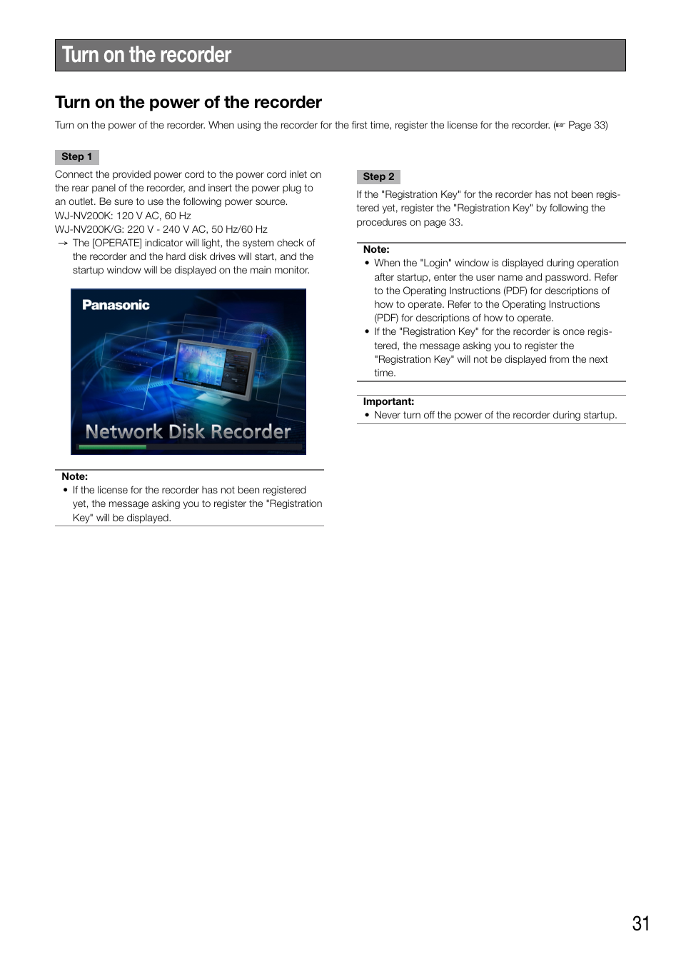 Turn on the recorder, Turn on the power of the recorder | Panasonic WJ-NV200 - User Manual | Page 31 / 94