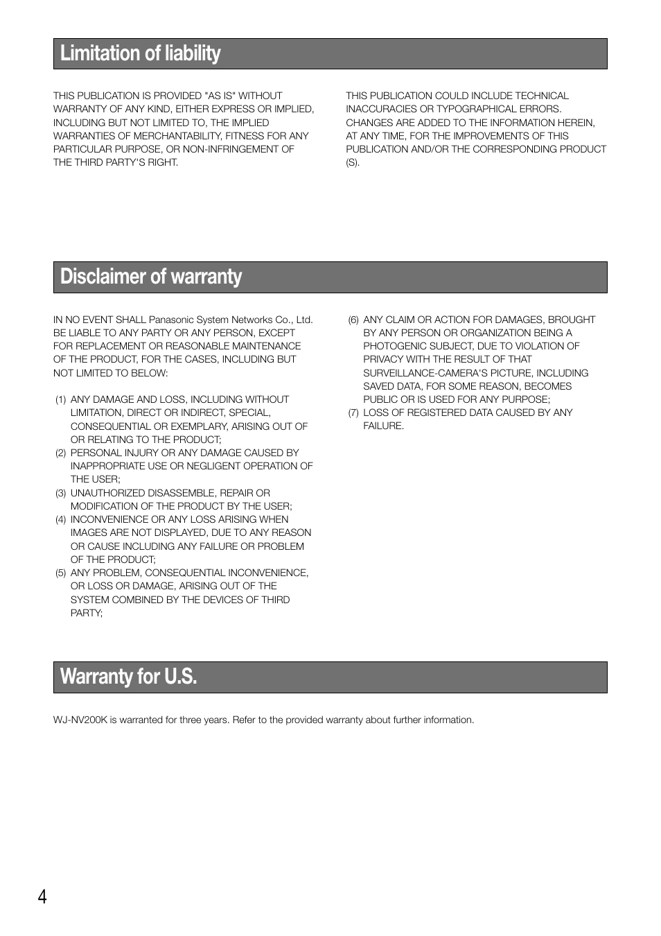 Limitation of liability, Disclaimer of warranty, Warranty for u.s | Panasonic WJ-NV200 - User Manual | Page 4 / 94