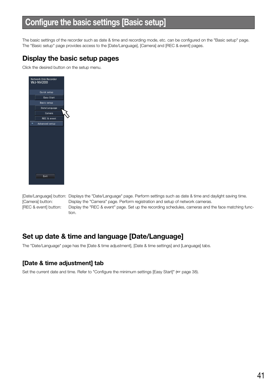 Configure the basic settings [basic setup, Display the basic setup pages, Set up date & time and language [date/language | Panasonic WJ-NV200 - User Manual | Page 41 / 94