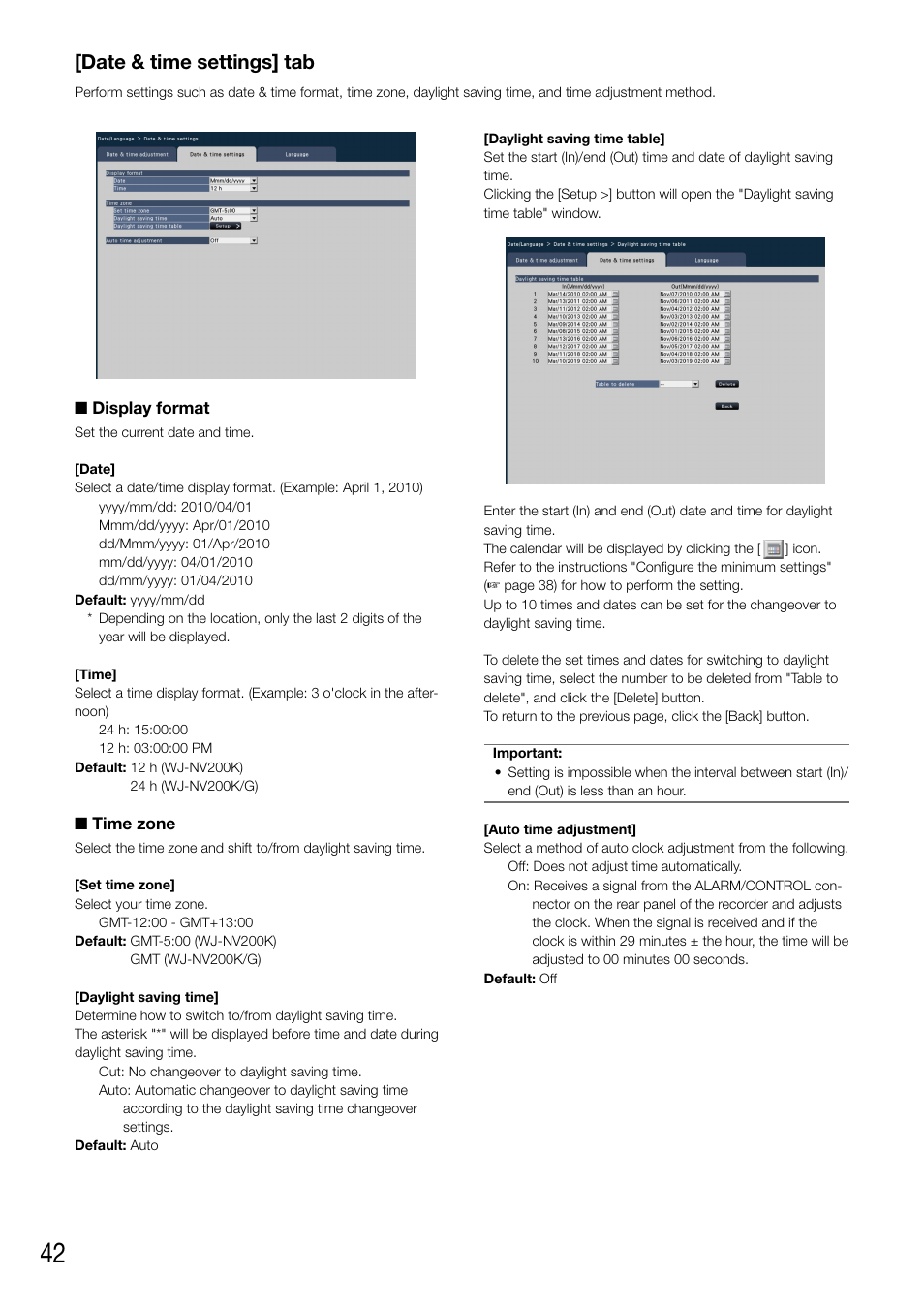 Date & time settings] tab | Panasonic WJ-NV200 - User Manual | Page 42 / 94