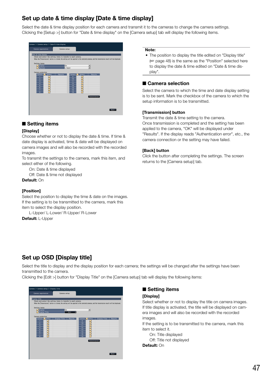 Set up date & time display [date & time display, Set up osd [display title | Panasonic WJ-NV200 - User Manual | Page 47 / 94