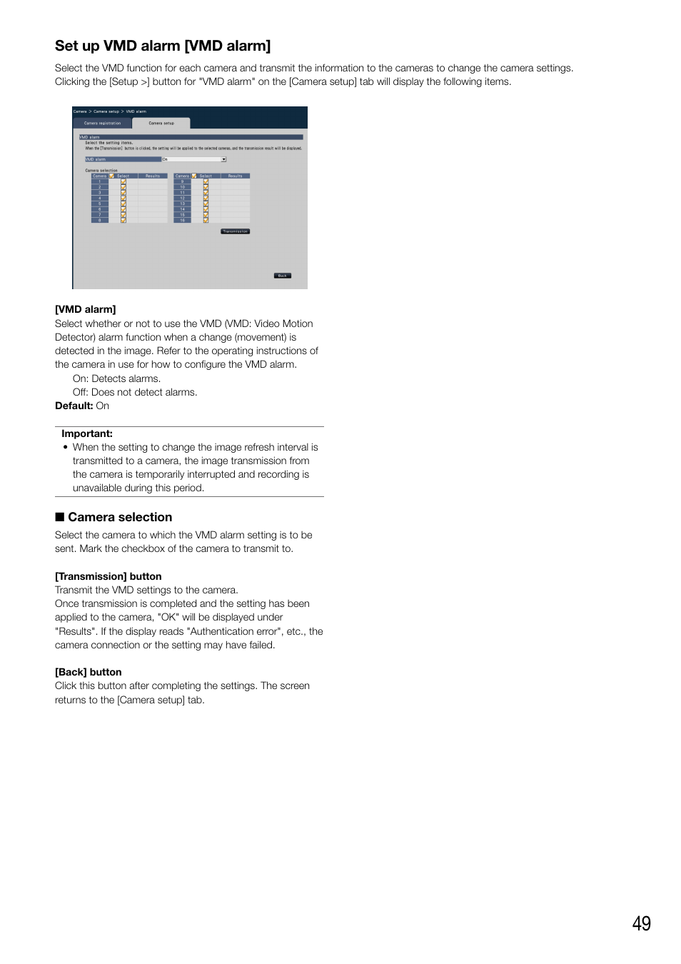 Set up vmd alarm [vmd alarm | Panasonic WJ-NV200 - User Manual | Page 49 / 94