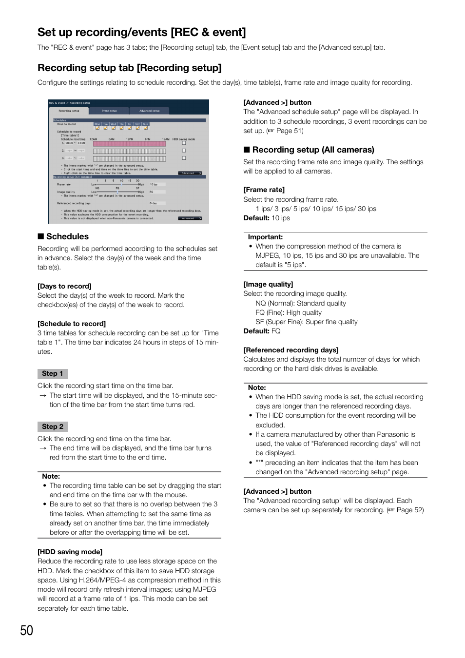 Set up recording/events [rec & event, Recording setup tab [recording setup | Panasonic WJ-NV200 - User Manual | Page 50 / 94