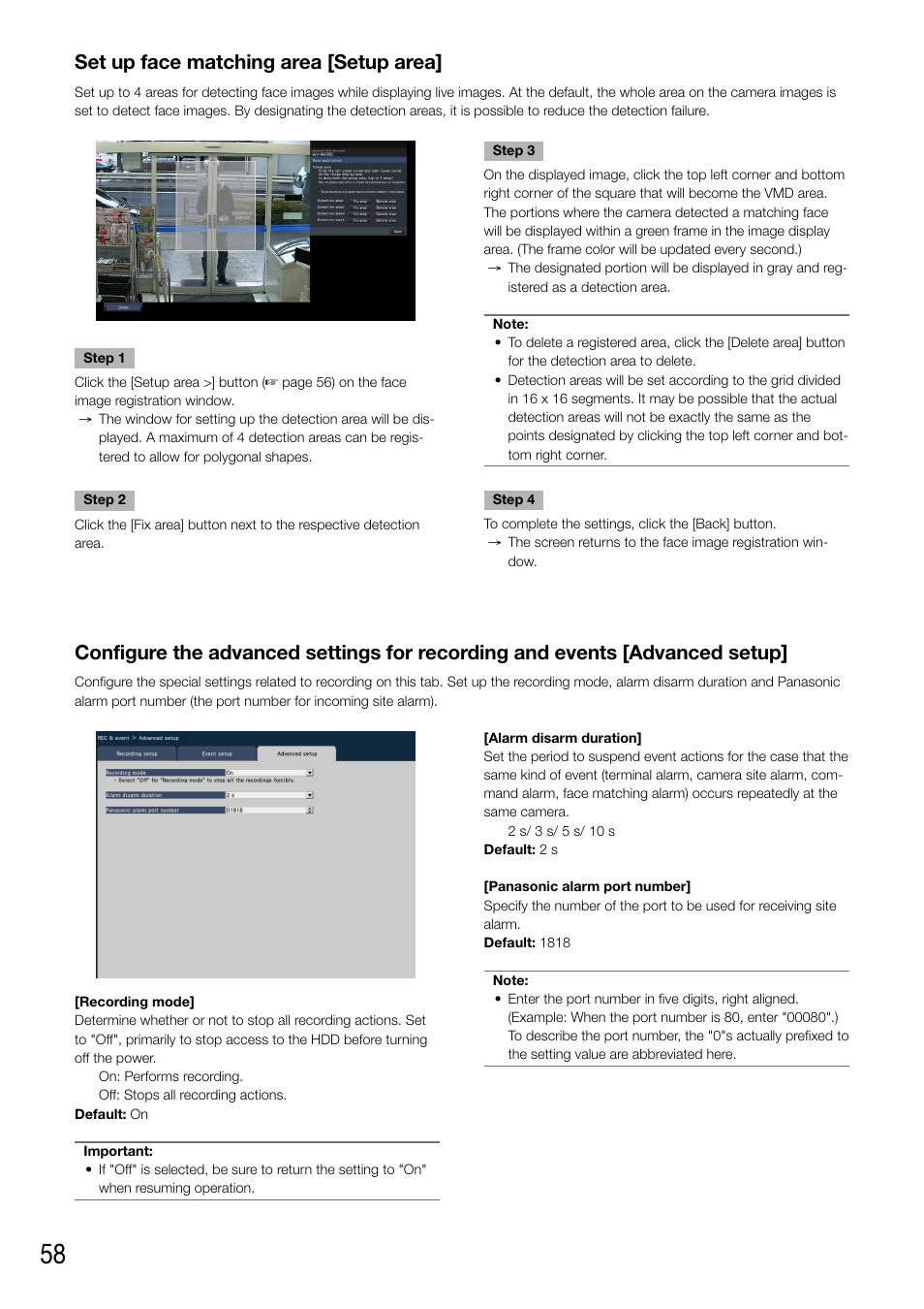 Set up face matching area [setup area | Panasonic WJ-NV200 - User Manual | Page 58 / 94