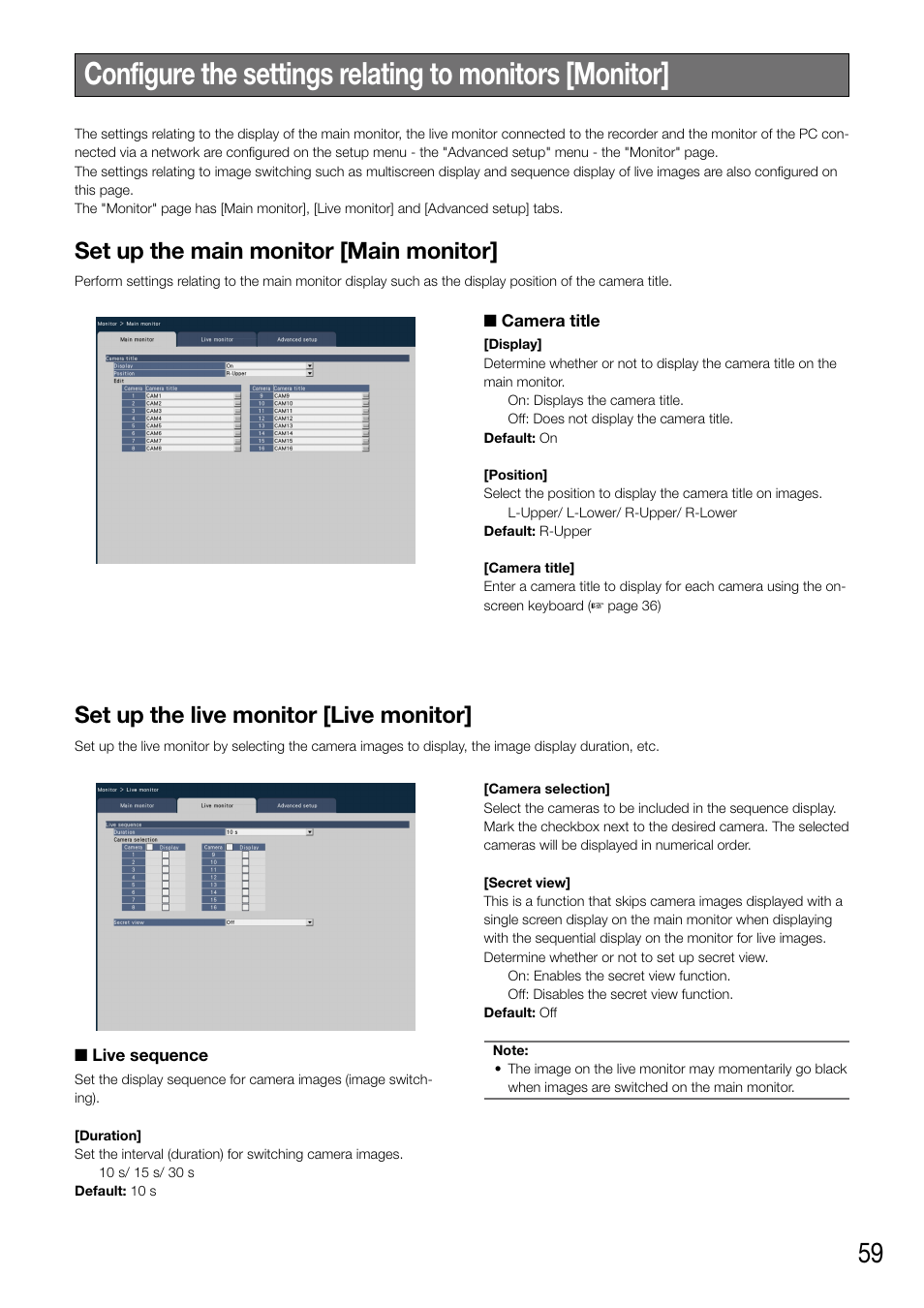 Set up the main monitor [main monitor, Set up the live monitor [live monitor | Panasonic WJ-NV200 - User Manual | Page 59 / 94