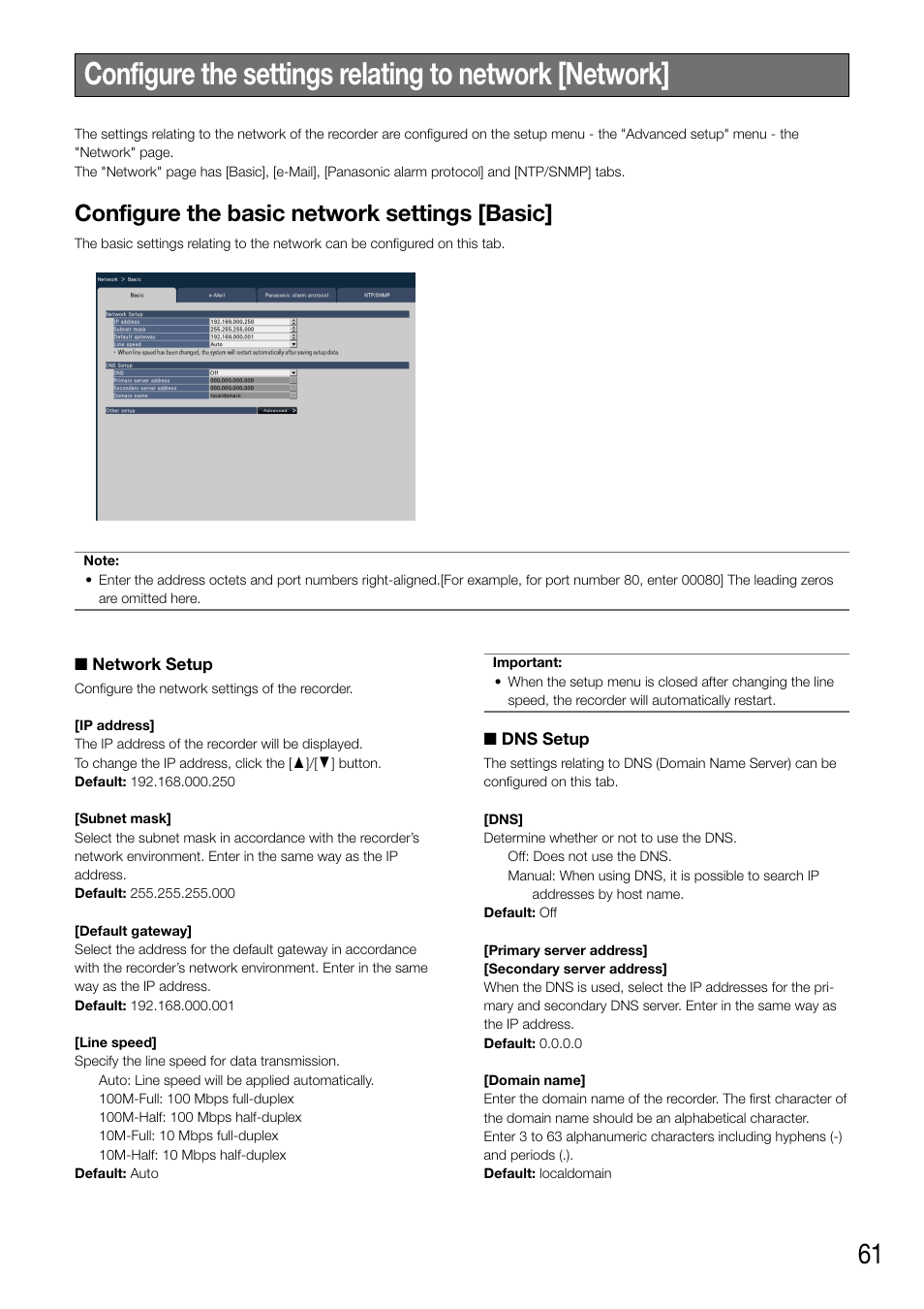 Configure the basic network settings [basic | Panasonic WJ-NV200 - User Manual | Page 61 / 94