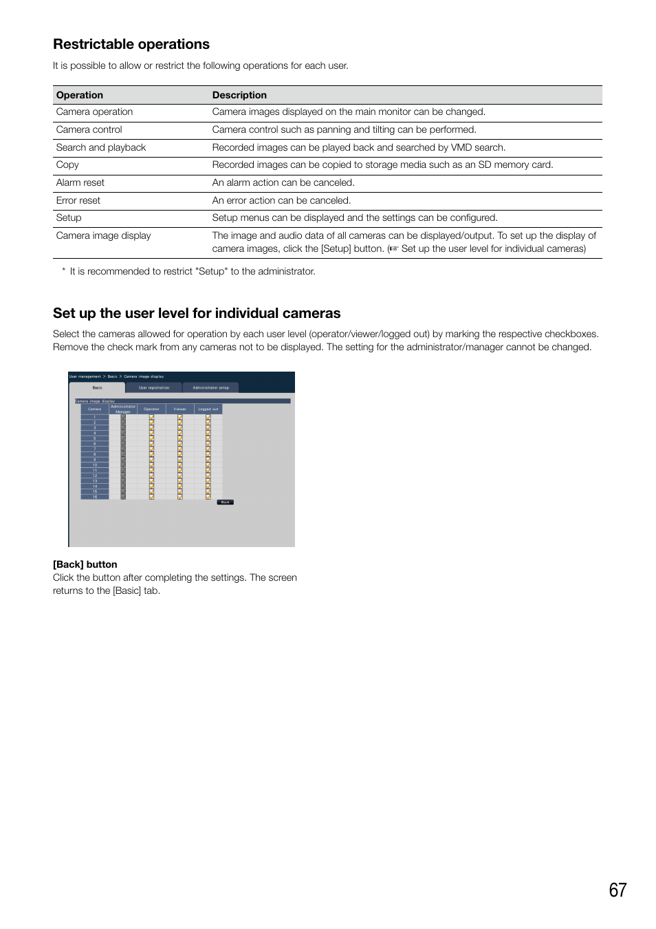 Restrictable operations, Set up the user level for individual cameras | Panasonic WJ-NV200 - User Manual | Page 67 / 94