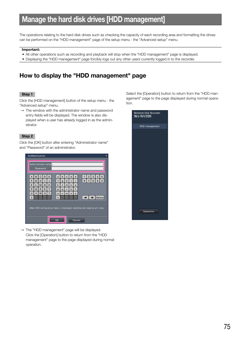 Manage the hard disk drives [hdd management, How to display the "hdd management" page | Panasonic WJ-NV200 - User Manual | Page 75 / 94