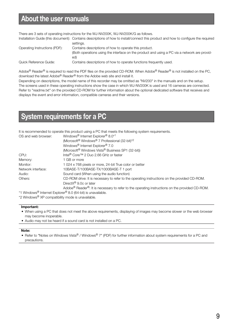 About the user manuals, System requirements for a pc | Panasonic WJ-NV200 - User Manual | Page 9 / 94