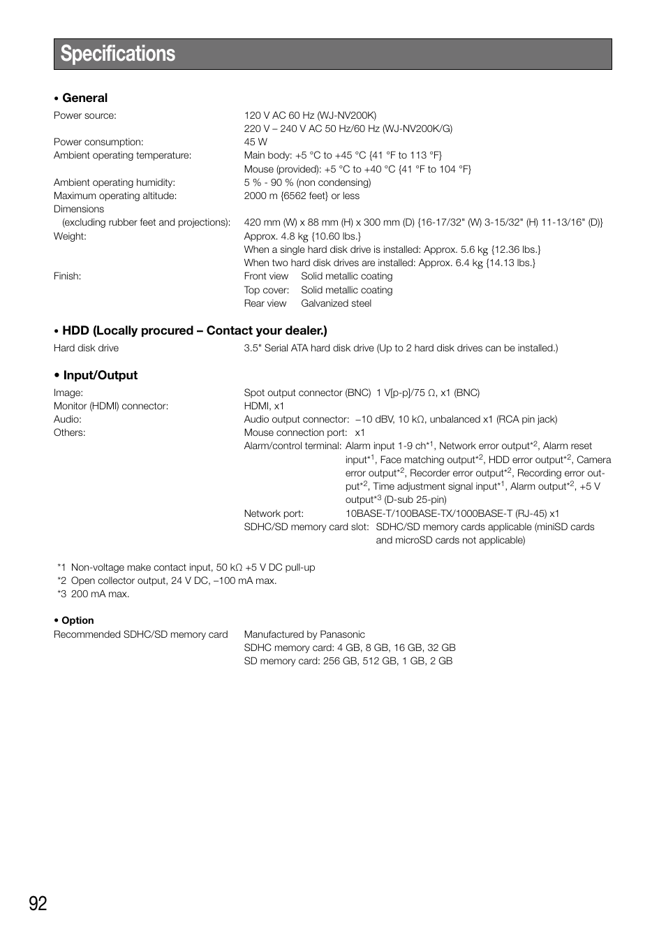 Specifications | Panasonic WJ-NV200 - User Manual | Page 92 / 94