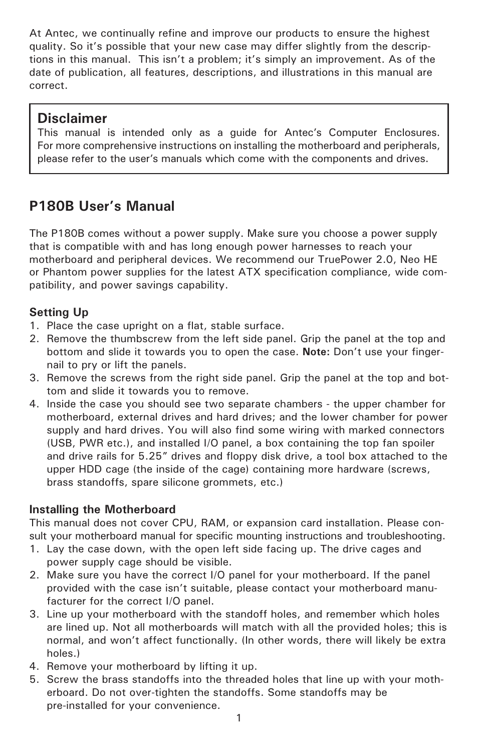 P180b user’s manual, Disclaimer | Antec P180B Fan User Manual | Page 2 / 9