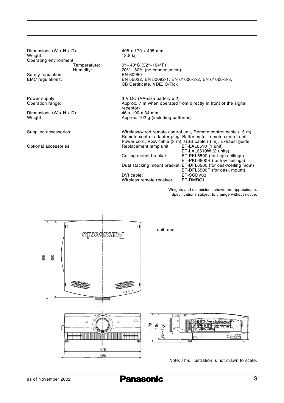 Dimensions | Panasonic PT-L6510E User Manual | Page 3 / 5