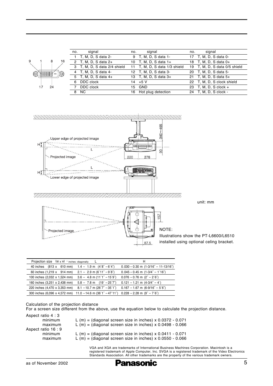 Projection distances | Panasonic PT-L6510E User Manual | Page 5 / 5