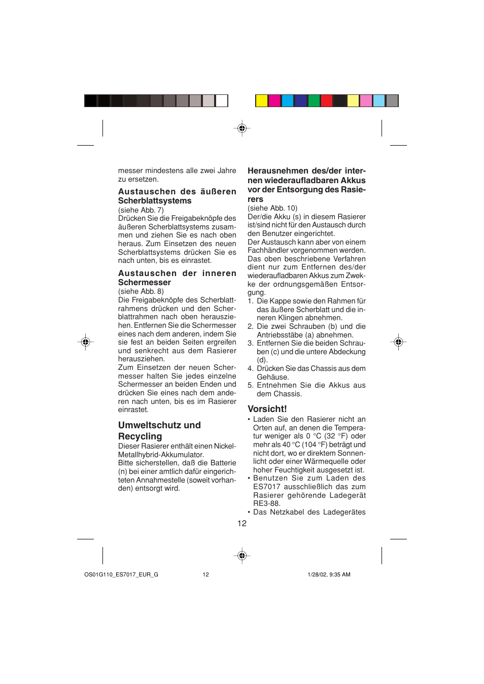 Umweltschutz und recycling, Vorsicht | Panasonic ES7017 User Manual | Page 12 / 81