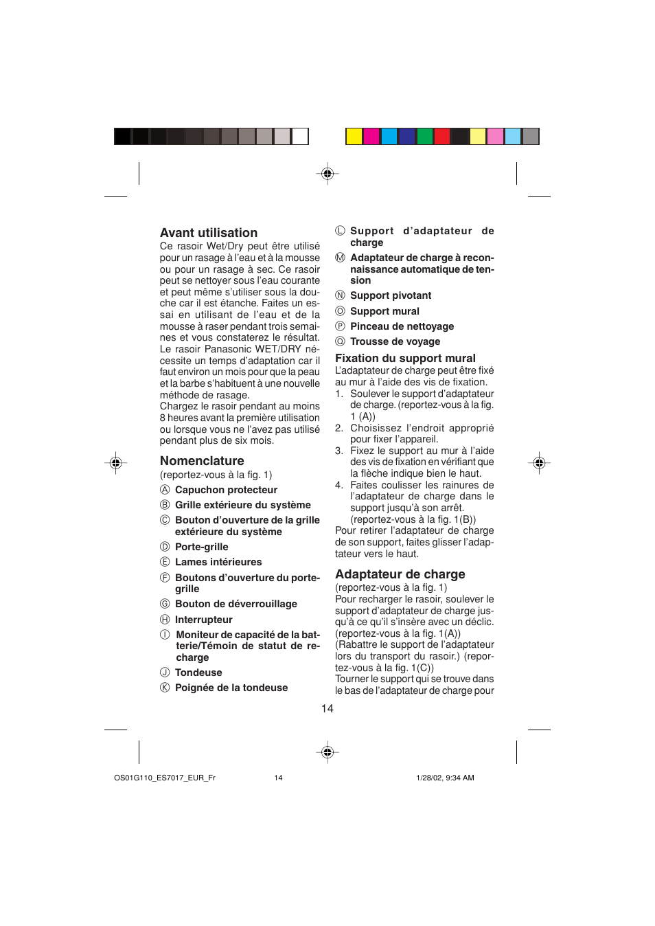 Avant utilisation, Nomenclature, Adaptateur de charge | Panasonic ES7017 User Manual | Page 14 / 81