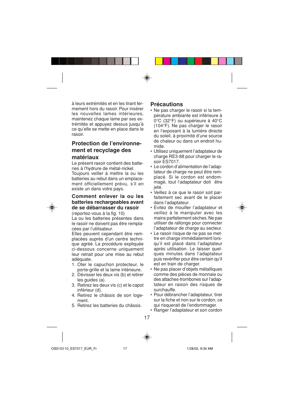 Précautions | Panasonic ES7017 User Manual | Page 17 / 81