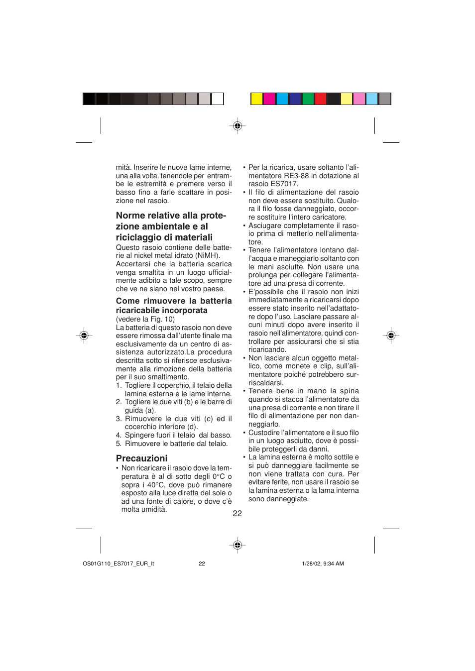 Precauzioni | Panasonic ES7017 User Manual | Page 22 / 81