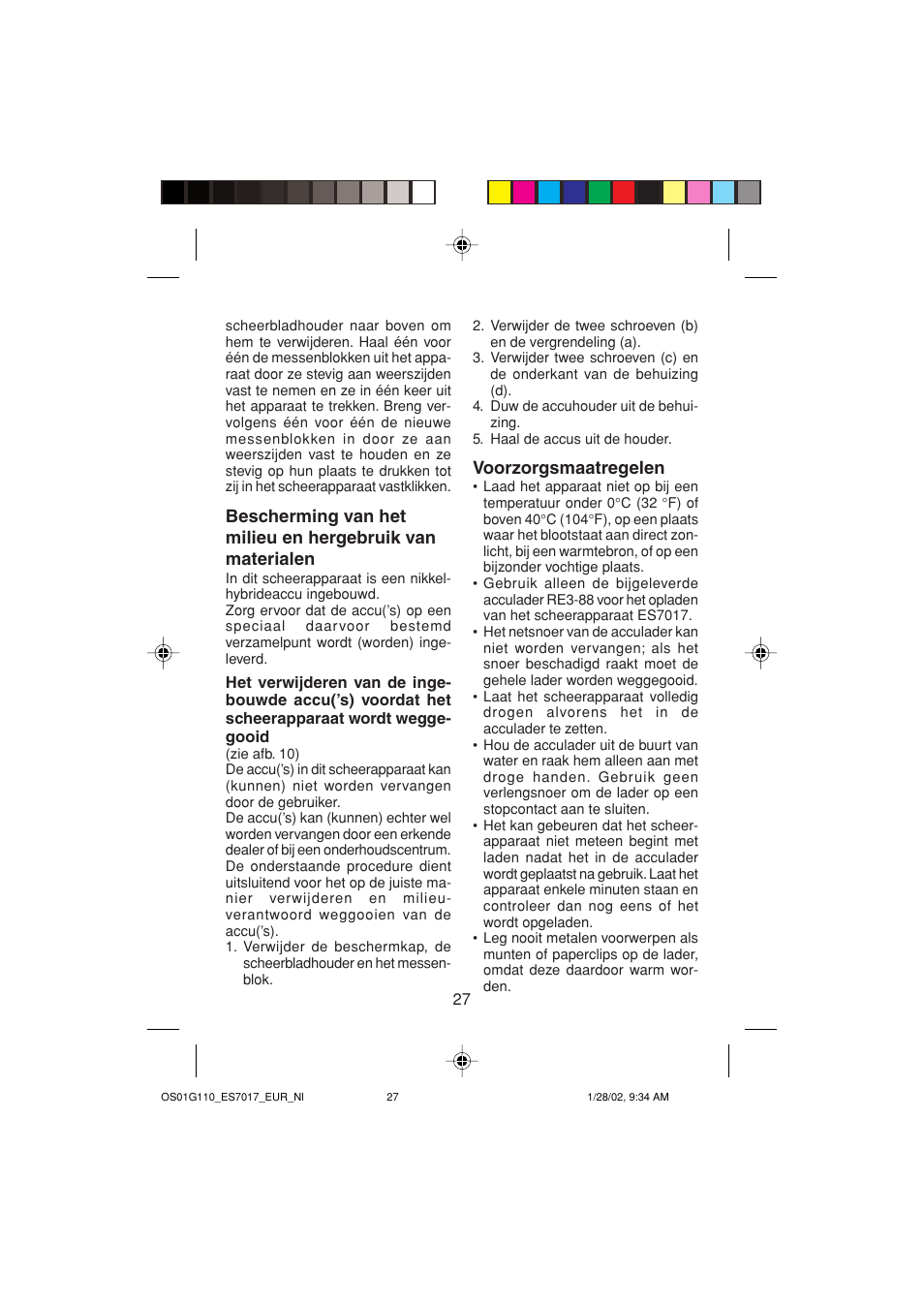 Voorzorgsmaatregelen | Panasonic ES7017 User Manual | Page 27 / 81