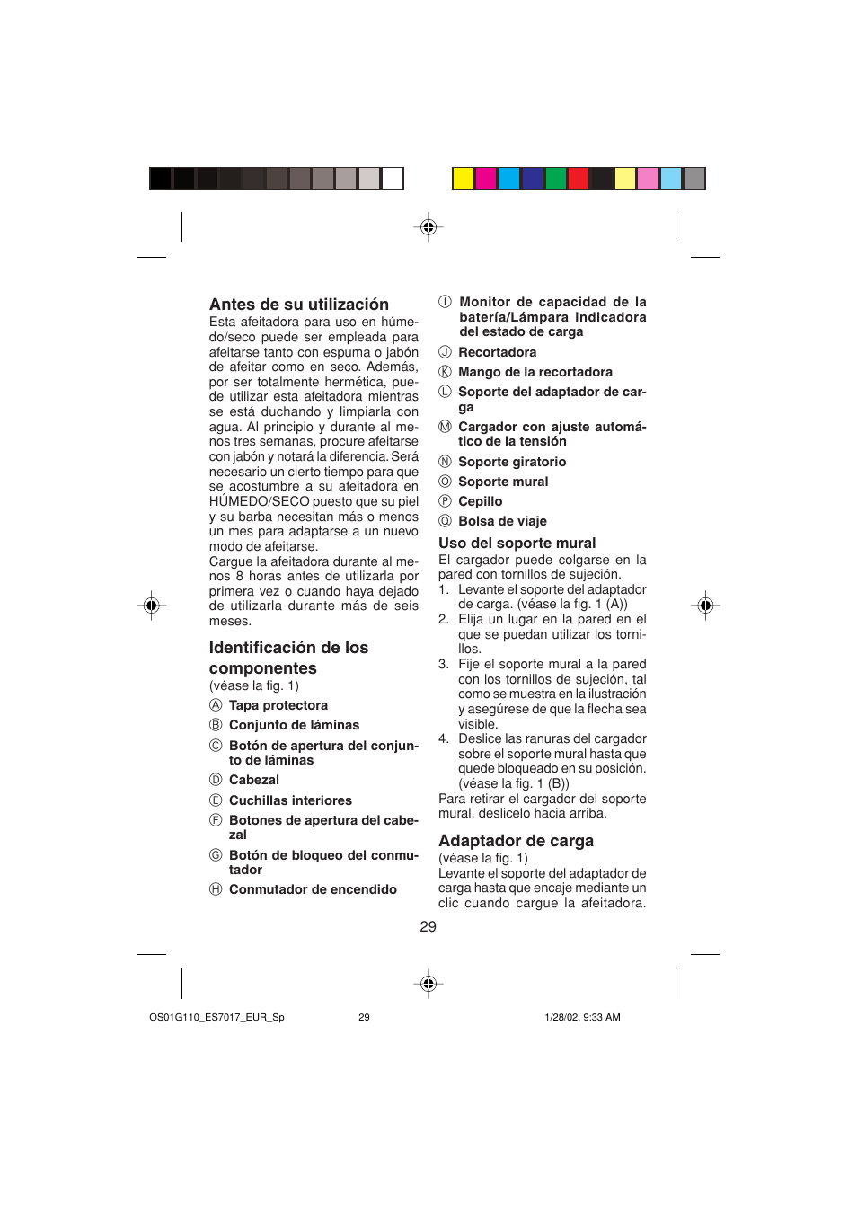 Antes de su utilización, Identificación de los componentes, Adaptador de carga | Panasonic ES7017 User Manual | Page 29 / 81