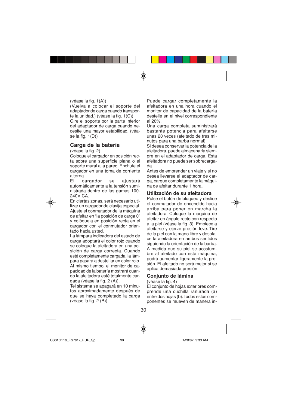 Carga de la batería | Panasonic ES7017 User Manual | Page 30 / 81