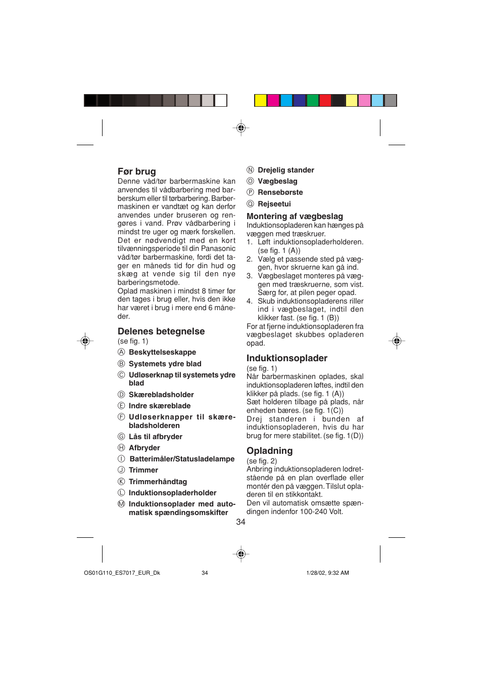 Før brug, Delenes betegnelse, Induktionsoplader | Opladning | Panasonic ES7017 User Manual | Page 34 / 81