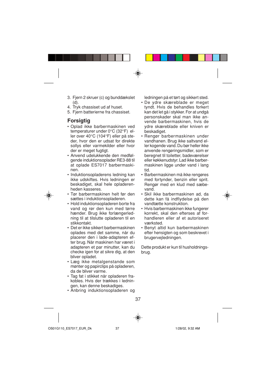 Forsigtig | Panasonic ES7017 User Manual | Page 37 / 81