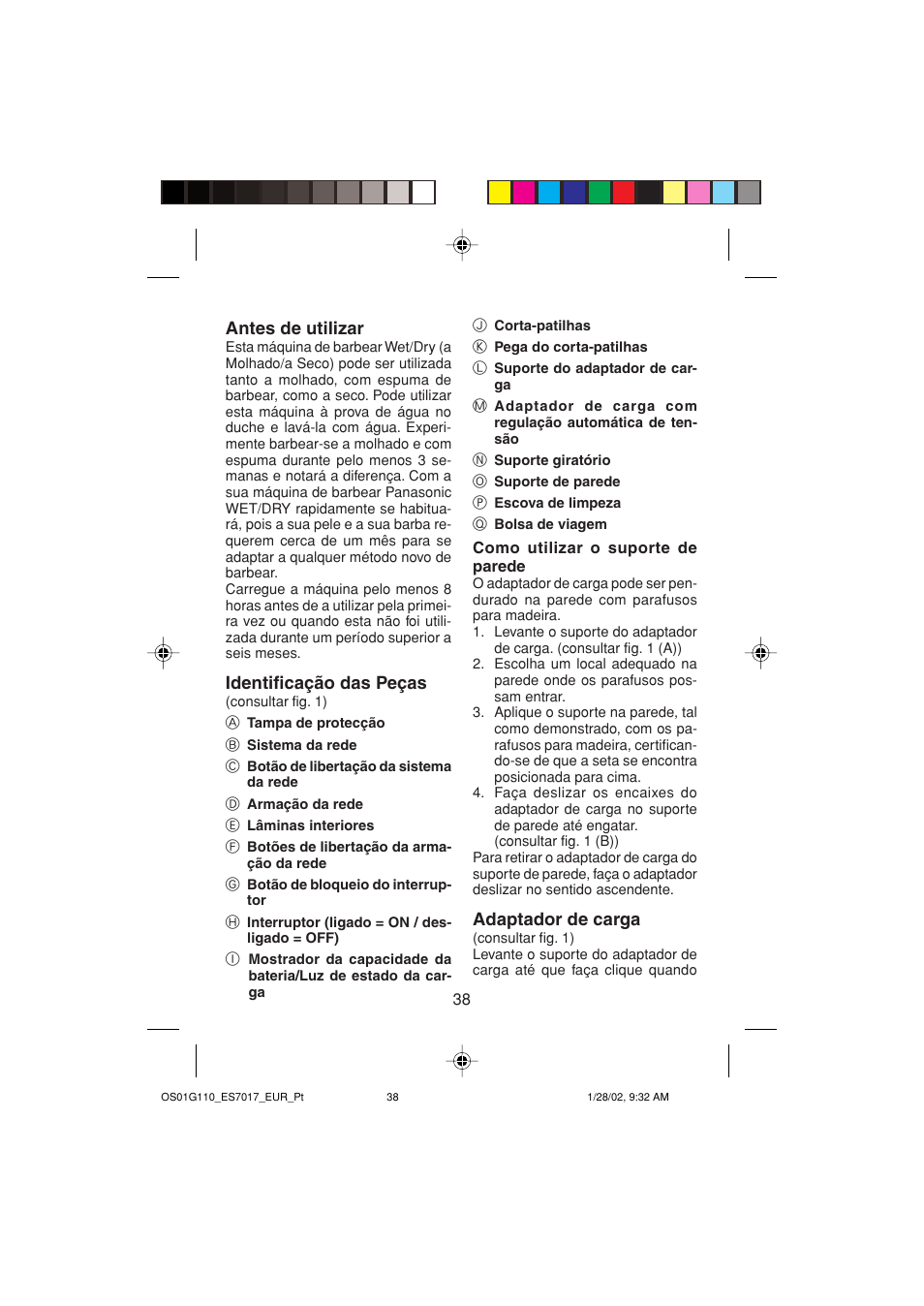 Antes de utilizar, Identificação das peças, Adaptador de carga | Panasonic ES7017 User Manual | Page 38 / 81