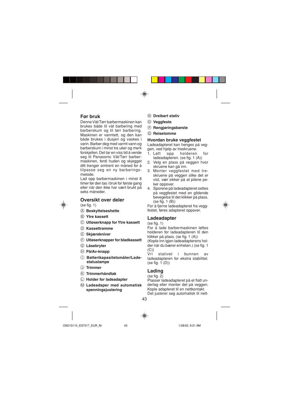 Før bruk, Oversikt over deler, Ladeadapter | Lading | Panasonic ES7017 User Manual | Page 43 / 81