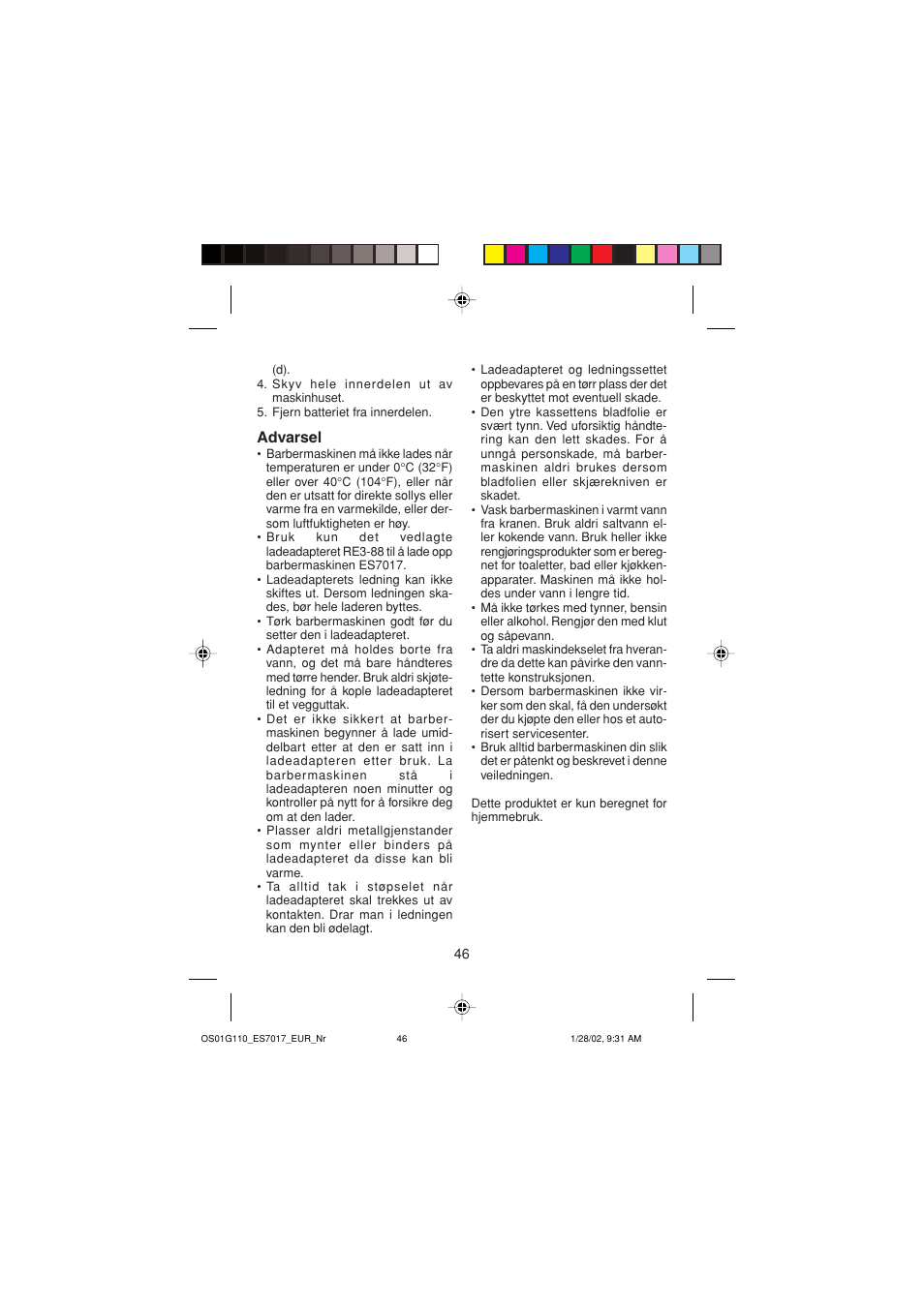 Advarsel | Panasonic ES7017 User Manual | Page 46 / 81