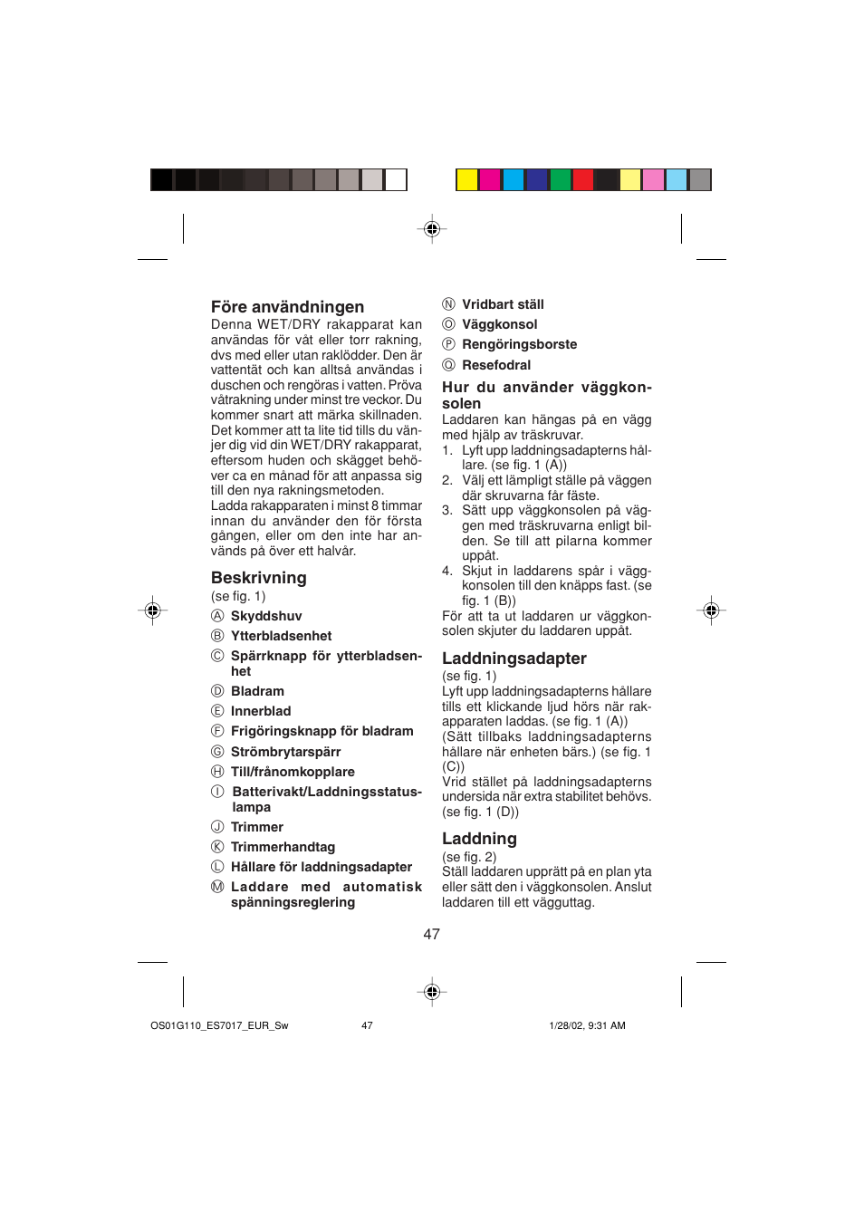 Före användningen, Beskrivning, Laddningsadapter | Laddning | Panasonic ES7017 User Manual | Page 47 / 81