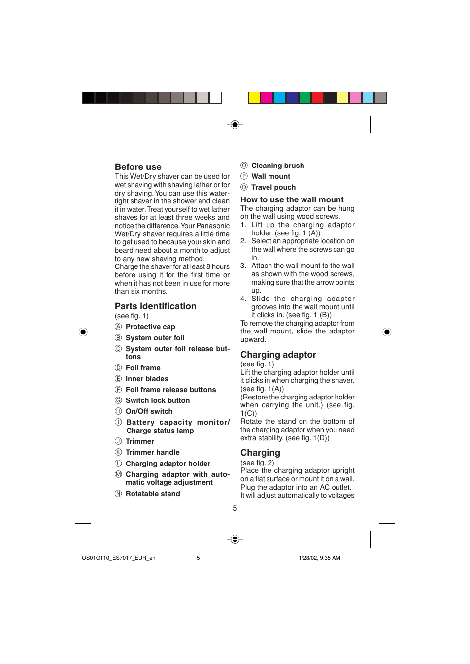 Before use, Parts identification, Charging adaptor | Charging | Panasonic ES7017 User Manual | Page 5 / 81