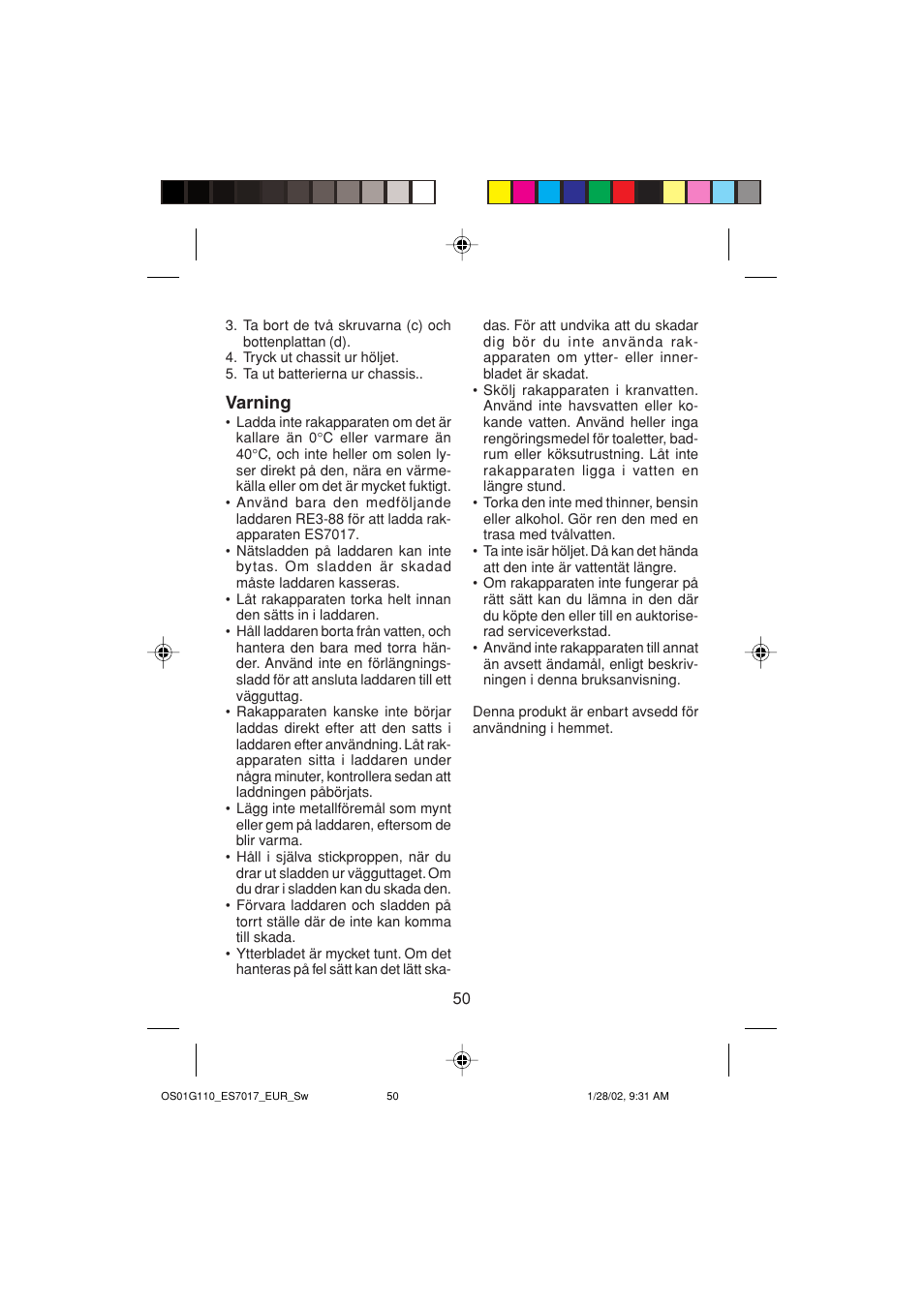 Varning | Panasonic ES7017 User Manual | Page 50 / 81