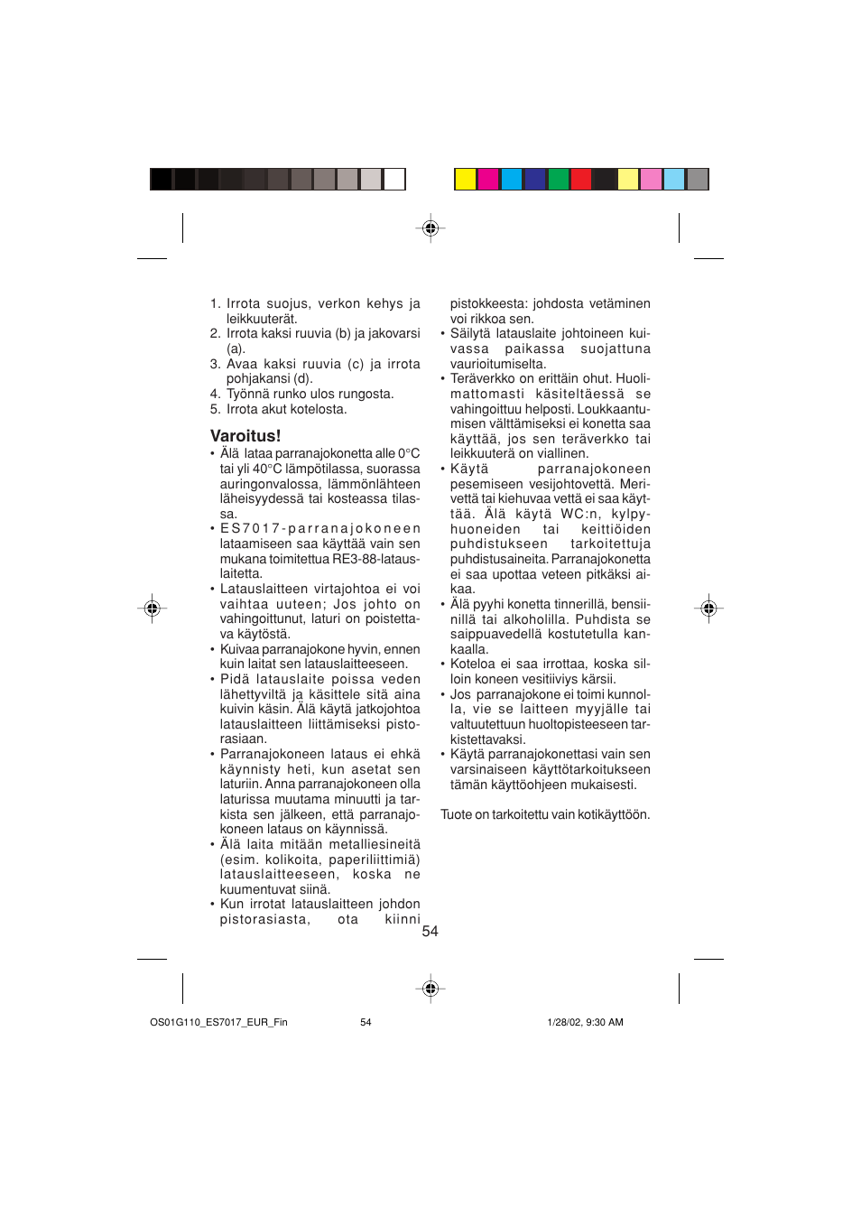 Varoitus | Panasonic ES7017 User Manual | Page 54 / 81