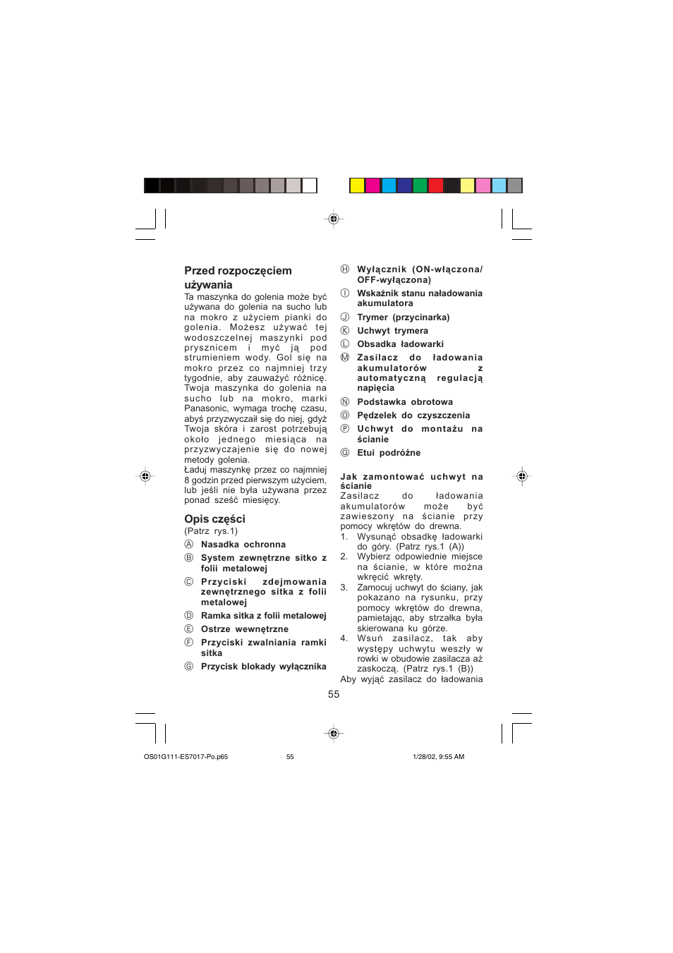 Przed rozpoczęciem używania, Opis części | Panasonic ES7017 User Manual | Page 55 / 81