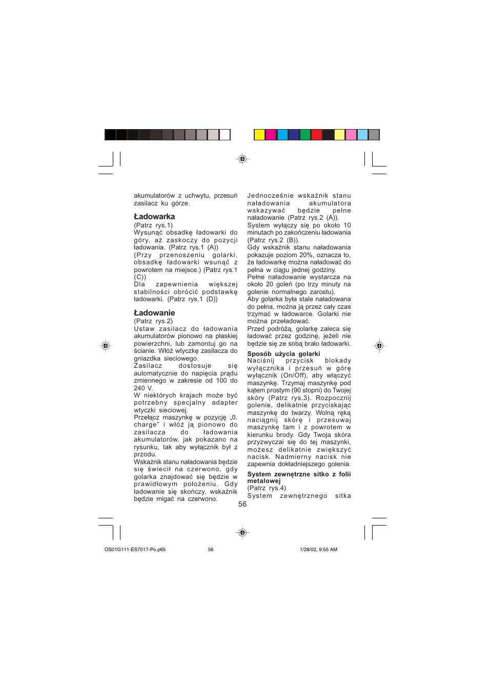 Ładowarka, Ładowanie | Panasonic ES7017 User Manual | Page 56 / 81