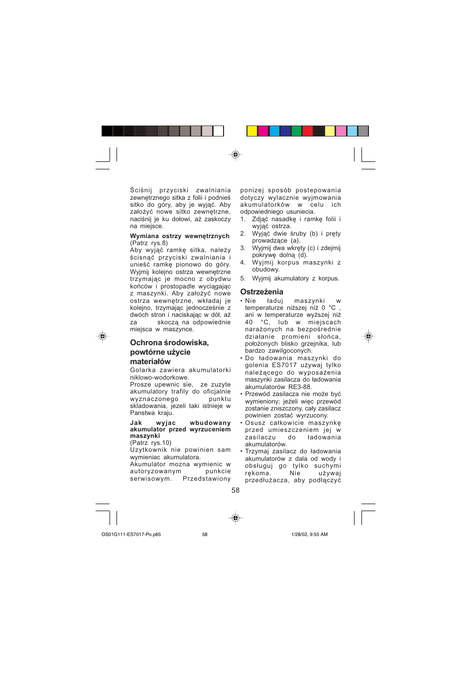 Ochrona środowiska, powtórne użycie materiałów, Ostrzeżenia | Panasonic ES7017 User Manual | Page 58 / 81