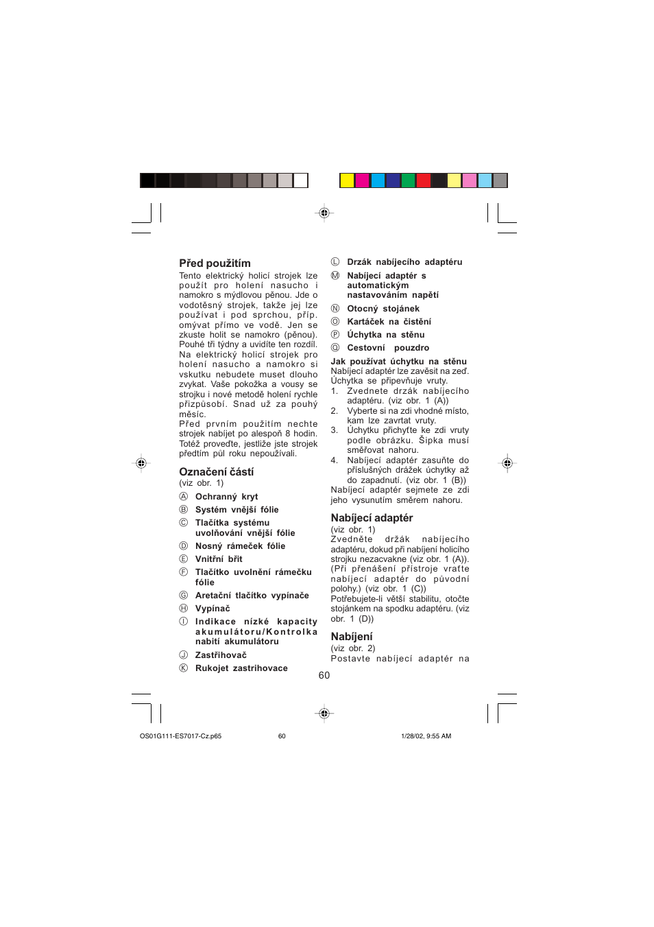 Před použitím, Označení částí, Nabíjecí adaptér | Nabíjení | Panasonic ES7017 User Manual | Page 60 / 81