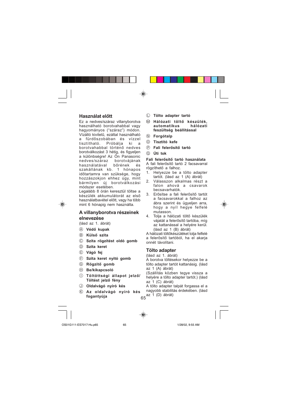 Használat előtt, A villanyborotva részeinek elnevezése, Tölto adapter | Panasonic ES7017 User Manual | Page 65 / 81