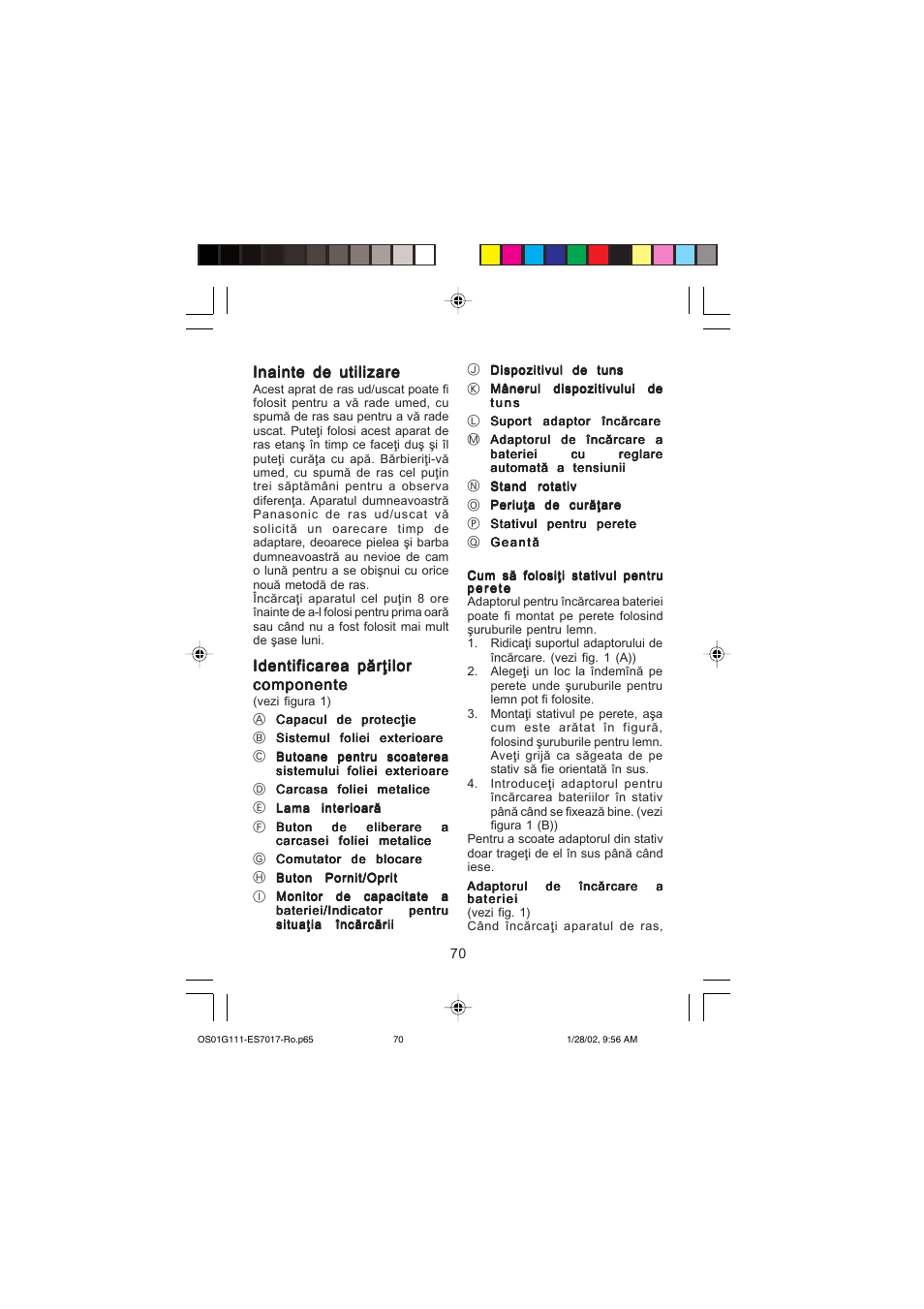 Inainte de utilizare, Identificarea p`r\ilor | Panasonic ES7017 User Manual | Page 70 / 81