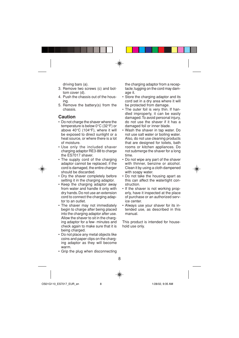 Caution | Panasonic ES7017 User Manual | Page 8 / 81