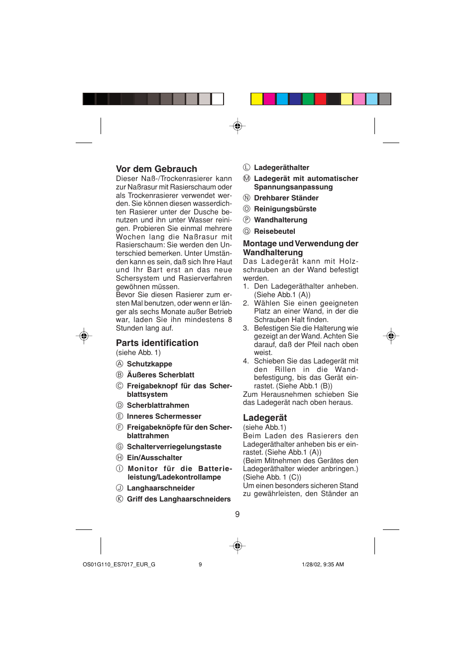 Vor dem gebrauch, Parts identification, Ladegerät | Panasonic ES7017 User Manual | Page 9 / 81