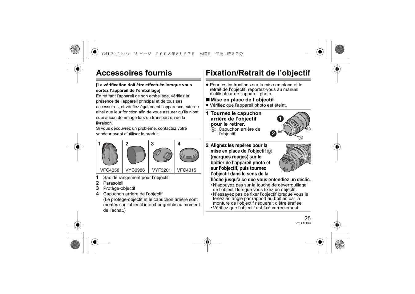 Accessoires fournis, Fixation/retrait de l’objectif | Panasonic H-FS045200 User Manual | Page 25 / 72