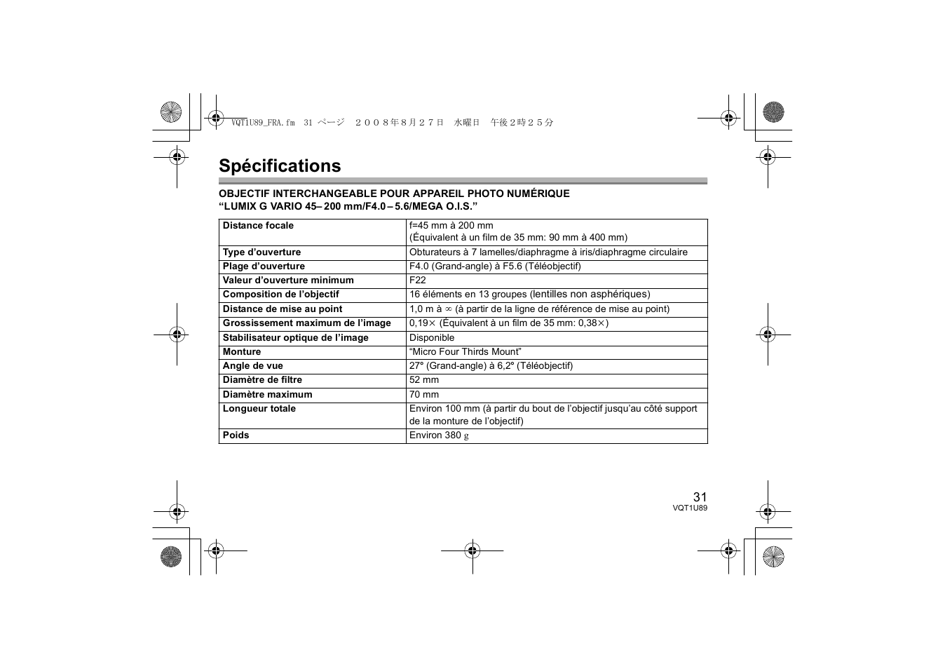 Spécifications | Panasonic H-FS045200 User Manual | Page 31 / 72