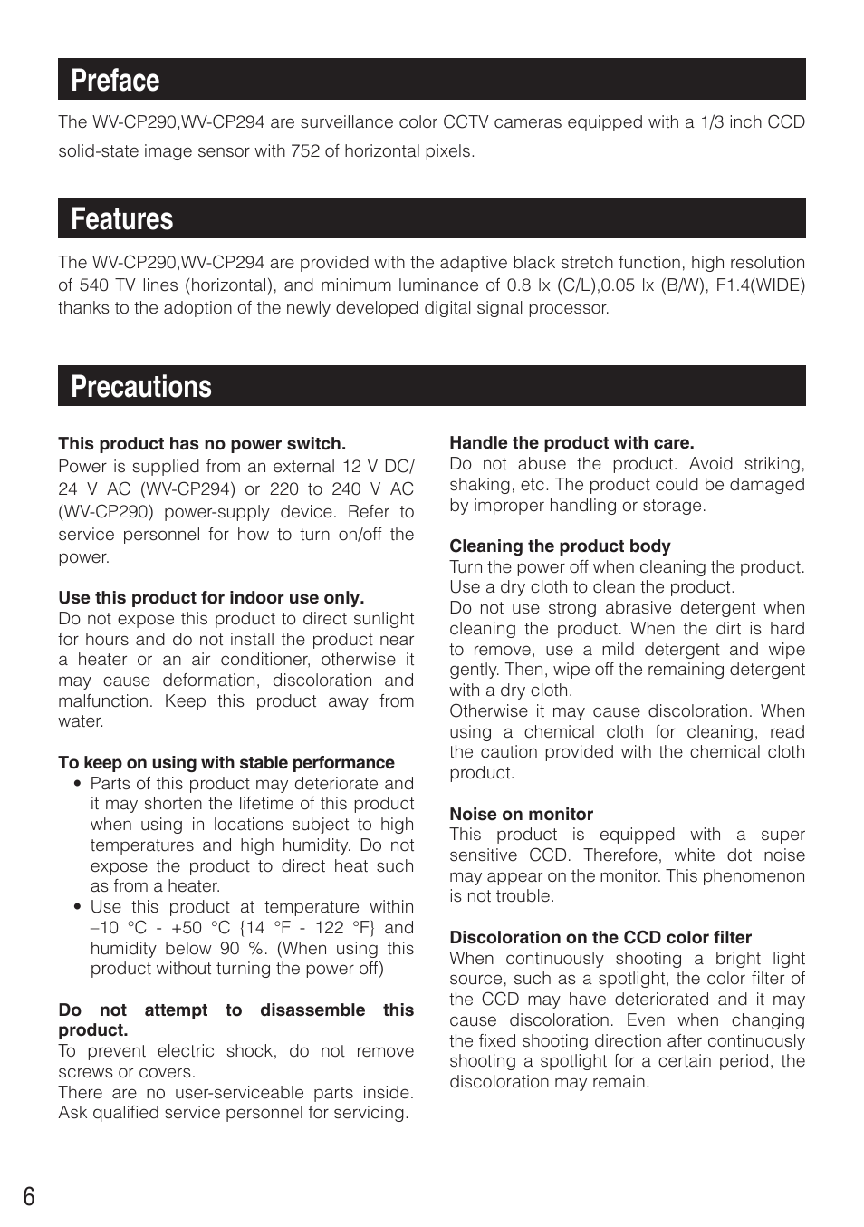 Preface, Features, Precautions | Panasonic WV-CP290 - User Manual | Page 6 / 21