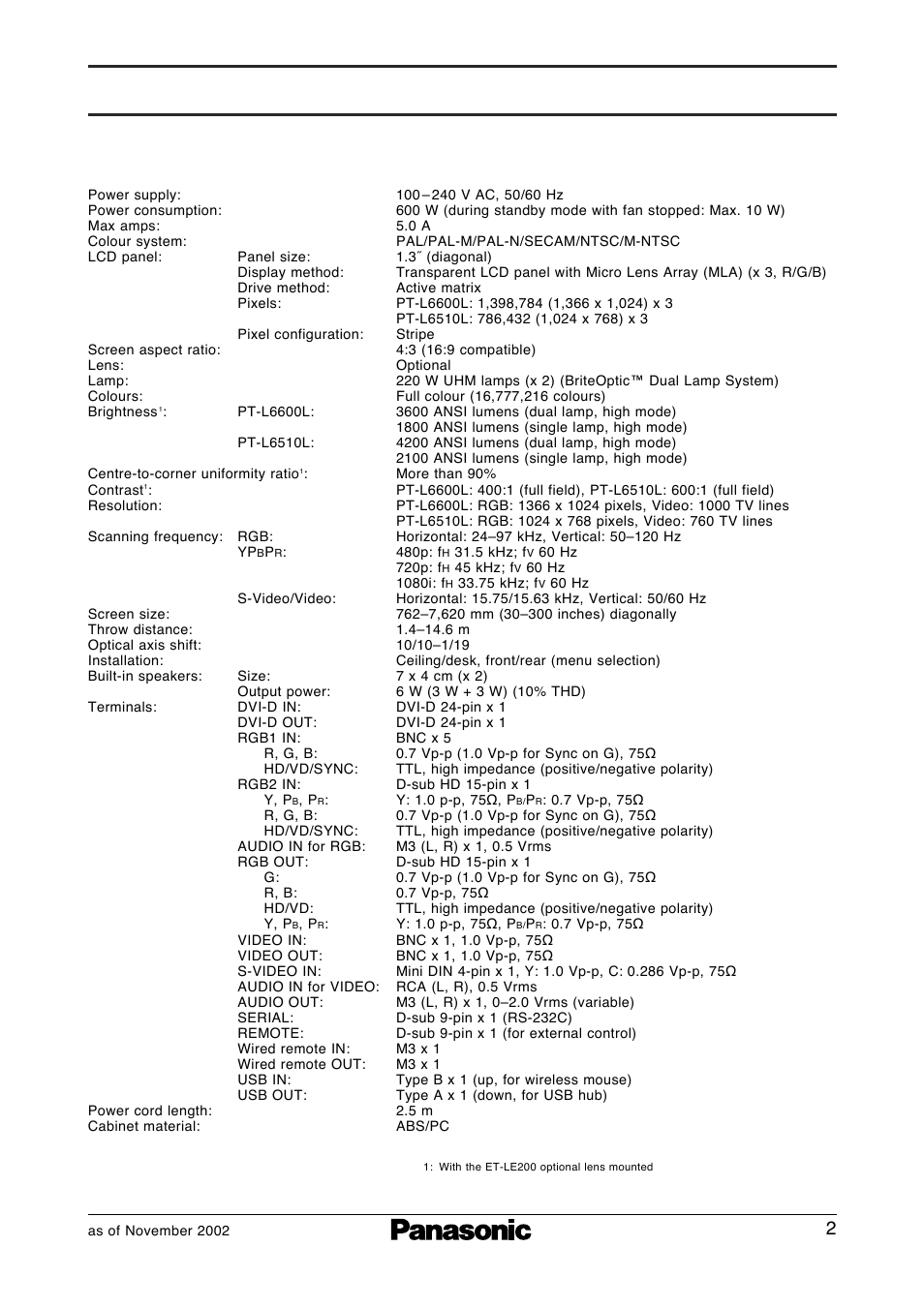 Specifications | Panasonic PT-L6510EL User Manual | Page 2 / 6