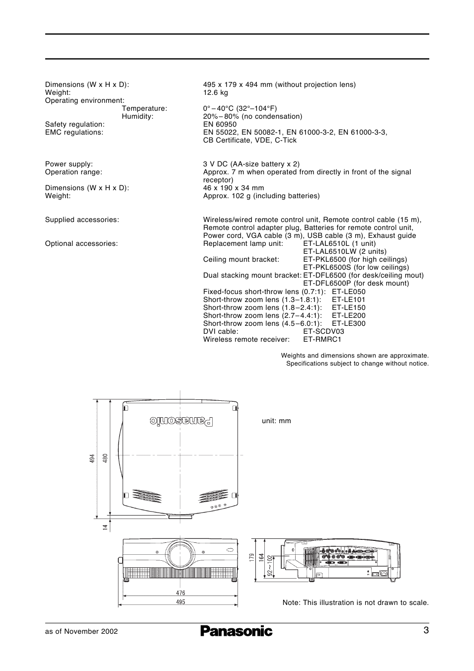 Dimensions | Panasonic PT-L6510EL User Manual | Page 3 / 6