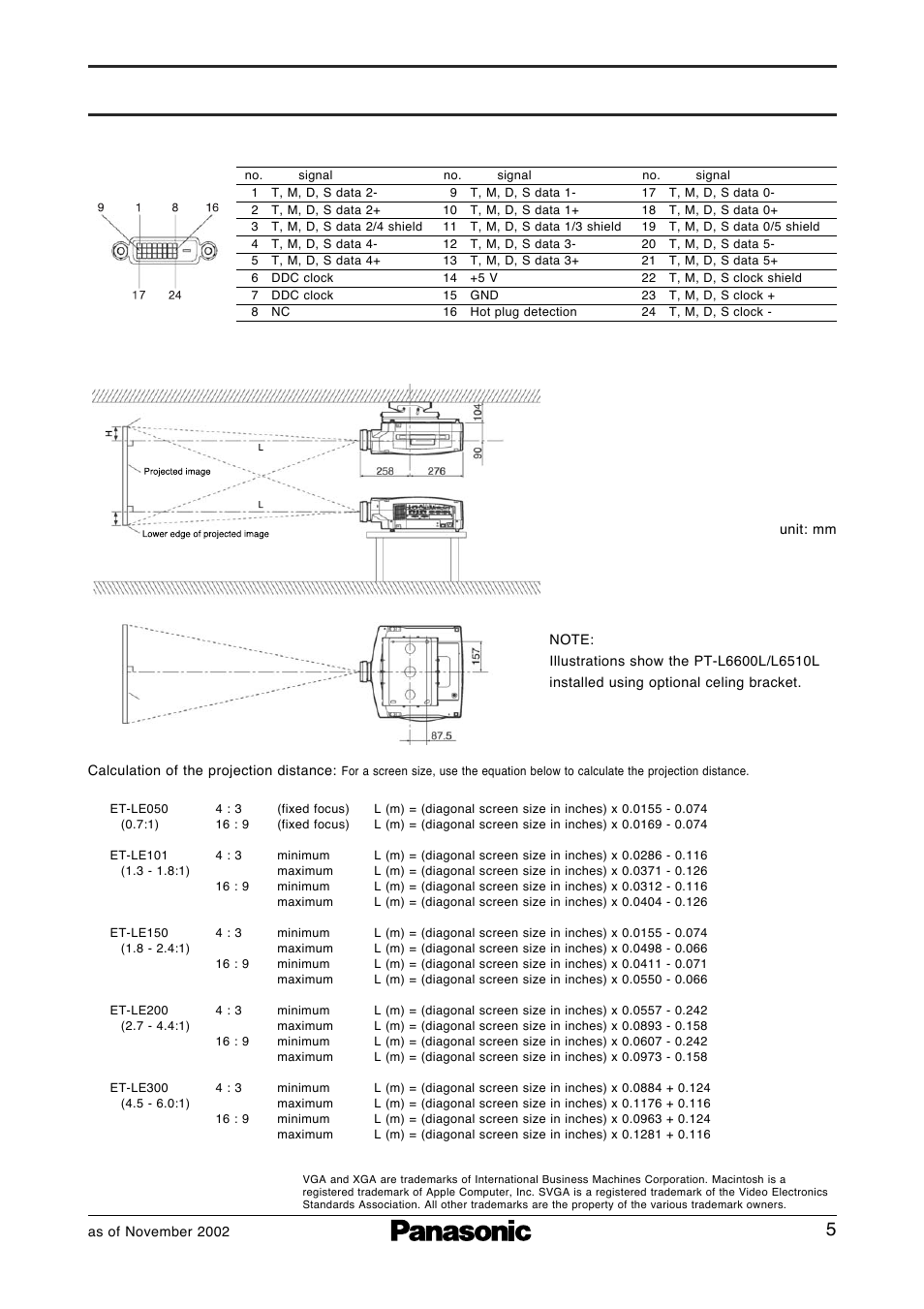 Projection distances | Panasonic PT-L6510EL User Manual | Page 5 / 6